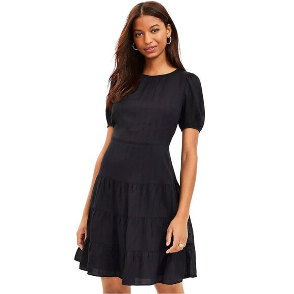 NWT LOFT Women’s Puff Sleeve Fit & Flare Mini Dress with Tiered Skirt Black  12 - Picture 1 of 14